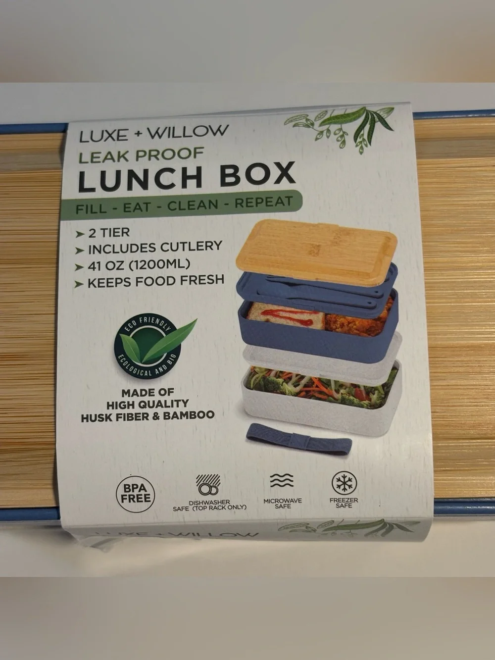 NWT Lunch Box Bento 2 Tier Leak Proof Cutlery Blue White Nesting Bamboo Lid